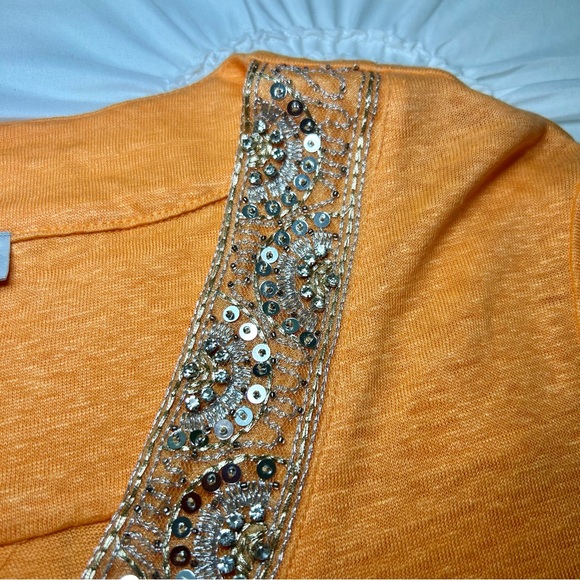 Chico's 100% Linen Orange Sequin V-Neck Long Line Tunic Size Large - Picture 10 of 16